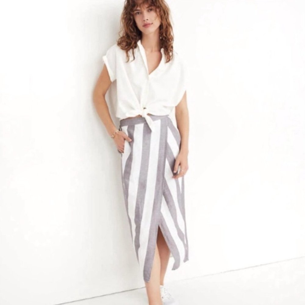 Madewell Grey Stripe Overlay Midi Skirt, size Medium